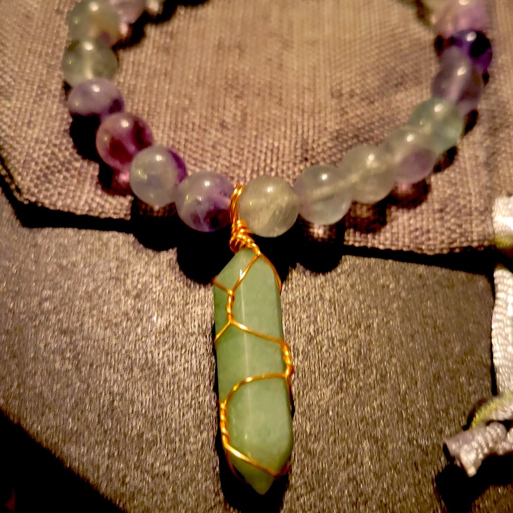 Hand beaded fluorite bracelet with fluorite pyramid